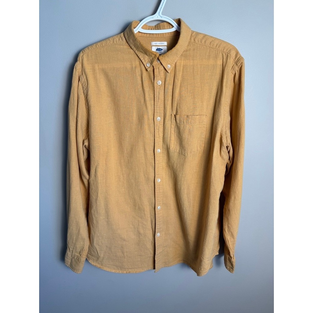 Old Navy Mens Burnt Yellow Linen Blend Slim Fit Shirt L Coastal Summer Casual